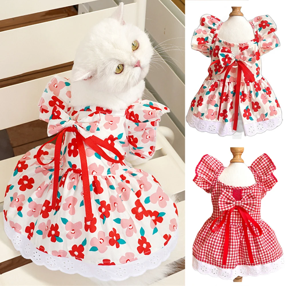 Pet Dog Dress Pet Costume Puppy Princess Skirt Pet Cat Flying Sleeve Dress Flower Pattern Plaid Skirts Soft Cute Puppy Clothes