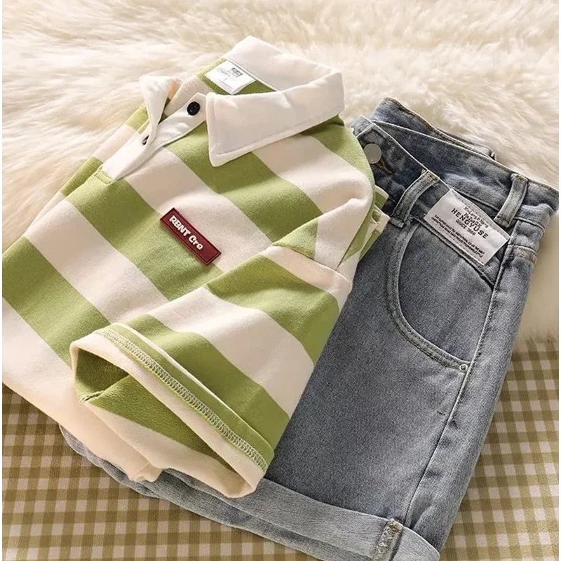 Conjunto de camiseta com colarinho polo e calça jeans feminina, tops casuais, roupas jeans, listras verdes, roupas de estudante, 1 ou 2 peças, verão, 2024