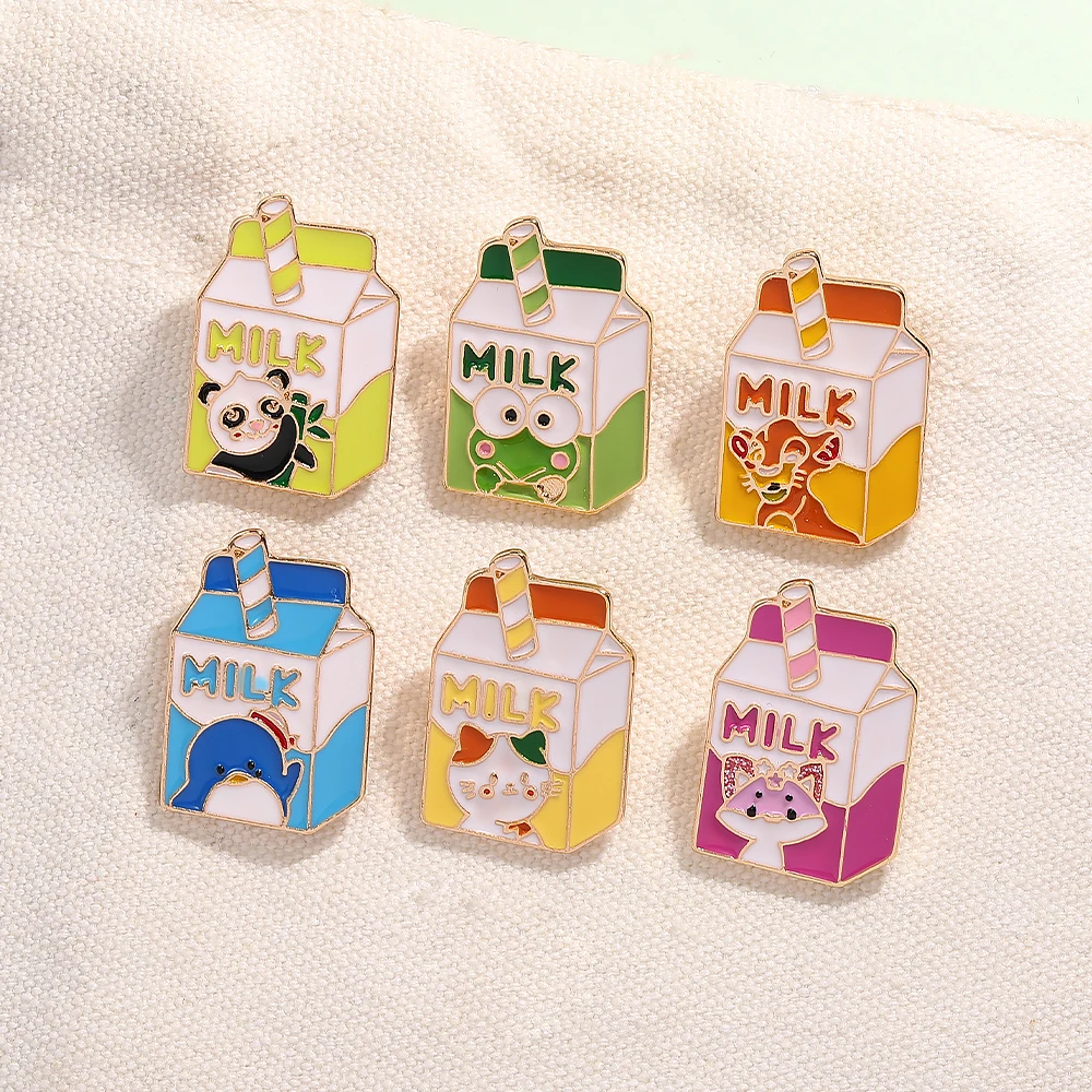 Creative Animal Milk Shaped Collection Pins Panda Cat Frog Tiger Penguin Rabbit Pattern Enamel Brooches Cheap Jewelry Wholesale