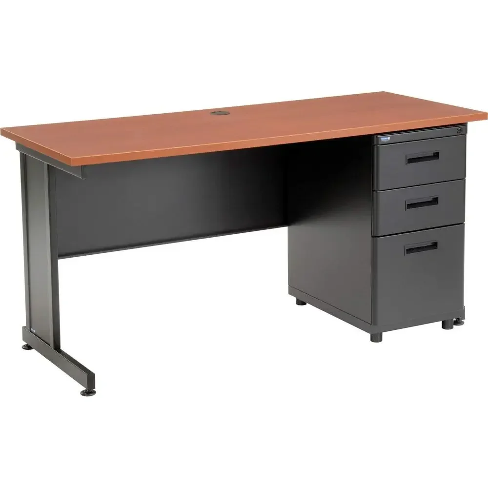 60 Wide 24 Deep 30 Tall Office Pedestal Desk with 3 Drawers, Cherry Laminate Top, Black Steel Frame, 2 Box Drawers & 1 File Draw