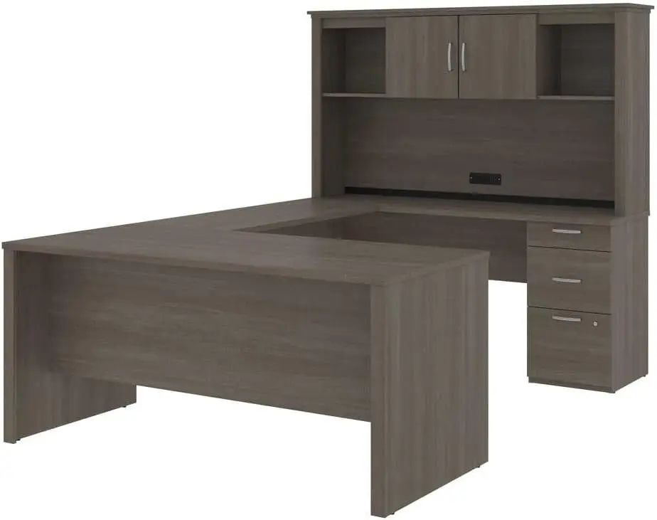 

U or L-Shaped Executive Office Desk with Pedestal and Hutch Table Workstation for Personal Home Workspace 66W Bark Grey