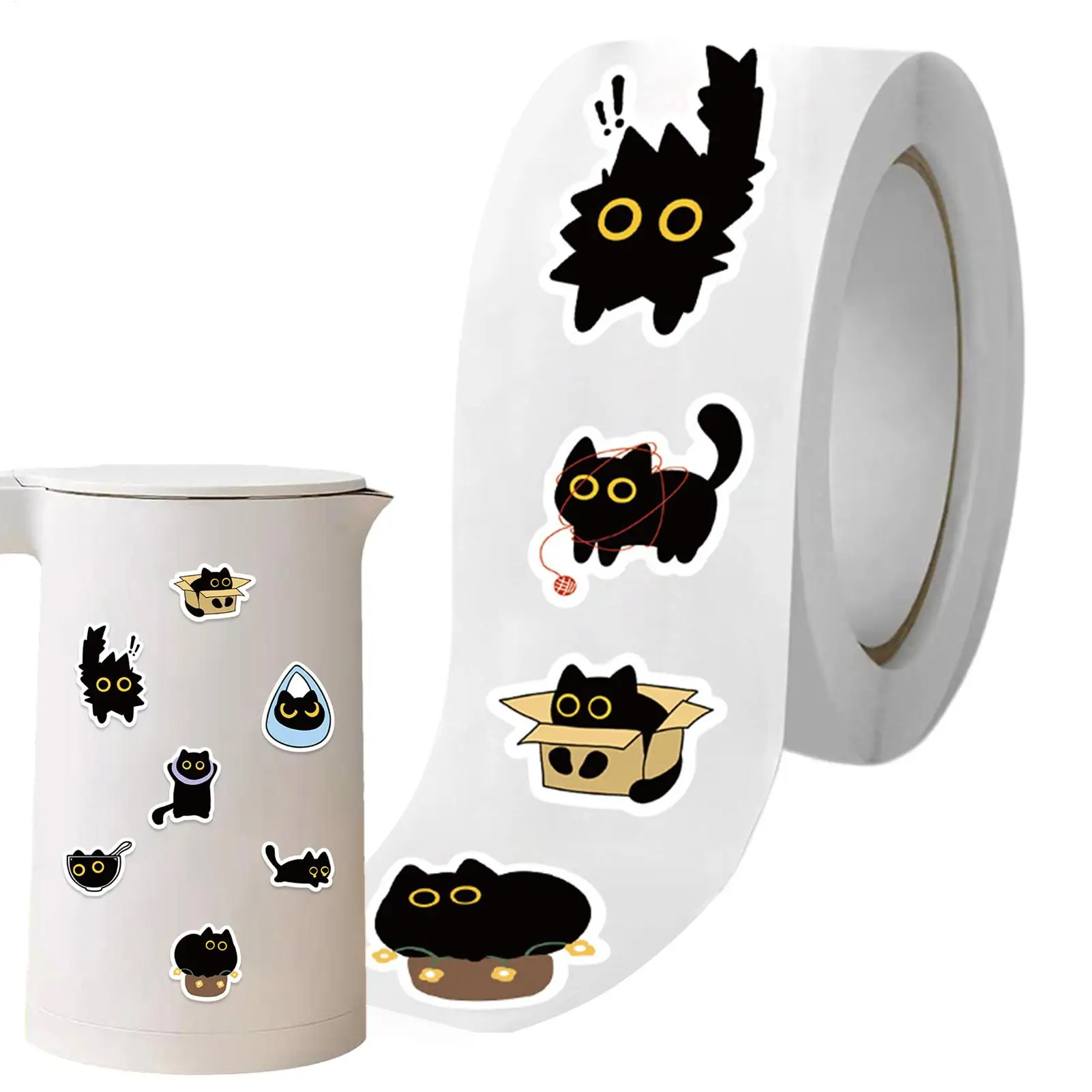 Decorative Self-adhesive Decal Cat Stickers 500 Sheets Cartoon Black Roll Stickers Envelope Stickers For Kids Adult Water Bottle