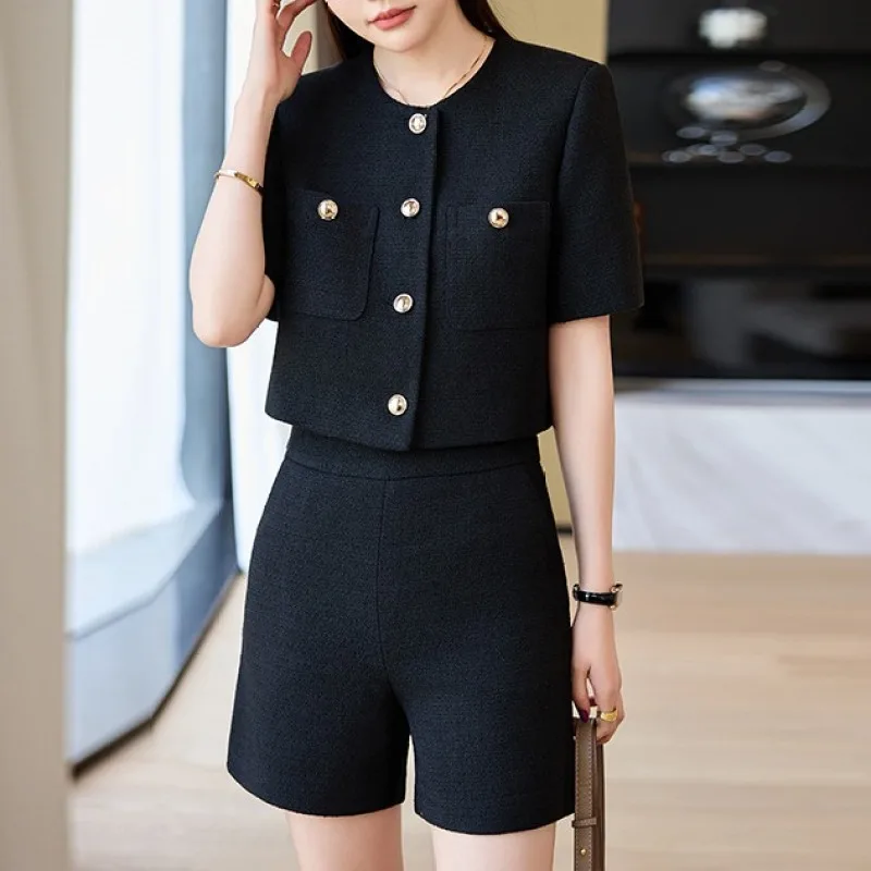 Luxury Blazer White Small Fragrance Short Sleeve Jacket Women\'s Summer Loose Thin Versatile Top Shorts Professional Black Suits