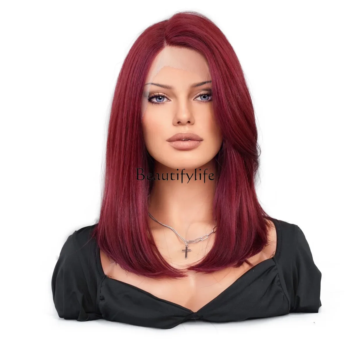 

Wig Fuchsia female full hood shoulder straight hair side part natural and realistic