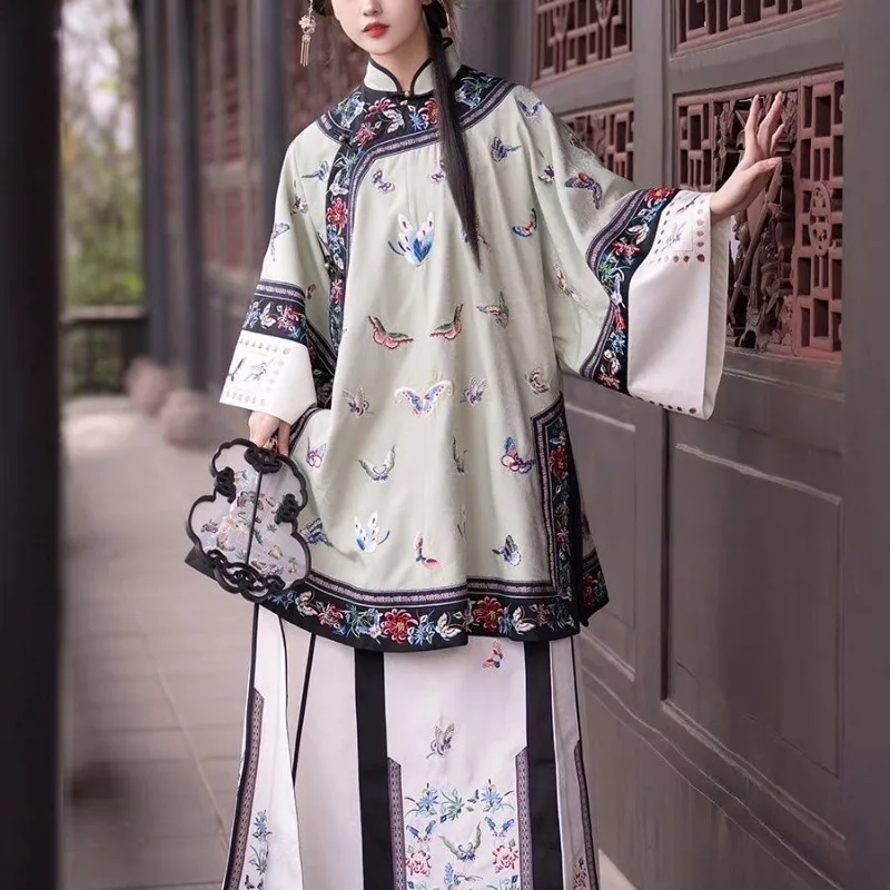 

Ancient Chinese Women Qipao Dress Costume Apricot Butterfly Stand Up Collar Long Sleeved Top Horse Face Skirt Modified Cheongsam