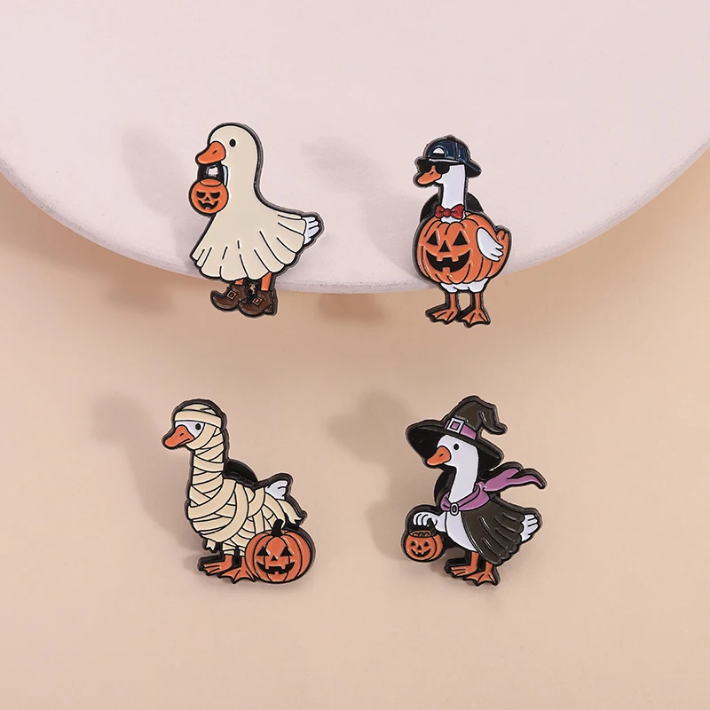 2-8pcs/set Cartoon Duck Enamel Pins Halloween Pumpkin Goose Certified Silly Goose Vacation Duck Cute Animal Brooch Jewelry Gifts