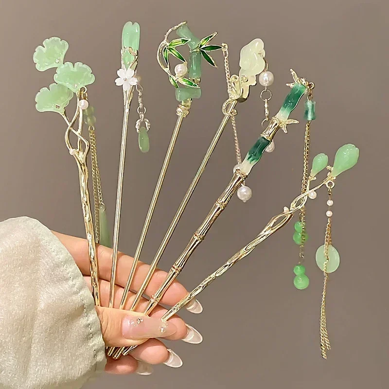 Chinese Style Bamboo Tassel Hairpin for Women  Back of The Head Coiled Hair Ancient Style Hanfu Headwear