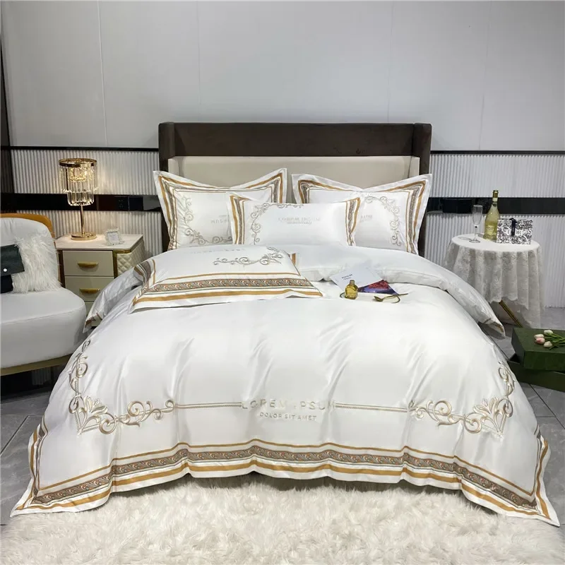 

Bedding Set Luxury Superior Gold Royal Embroidery Bed Comforter Sets Duvet Cover Bed Sheets and Pillowcases Summer Silky Bed Set