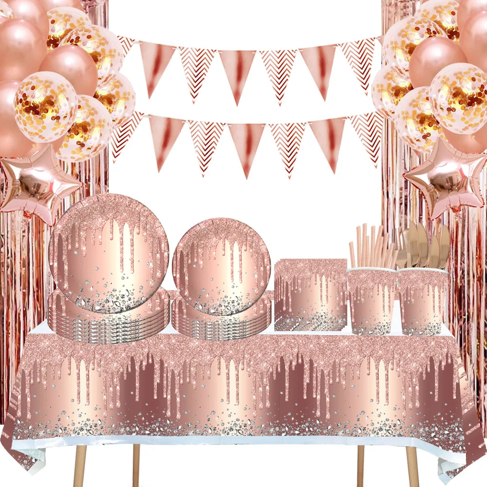 

Disposable Tableware Set for Kids Rose Gold Diamond Glitter Paper Plate Cup Wedding, Birthday Party Decoration Balloons