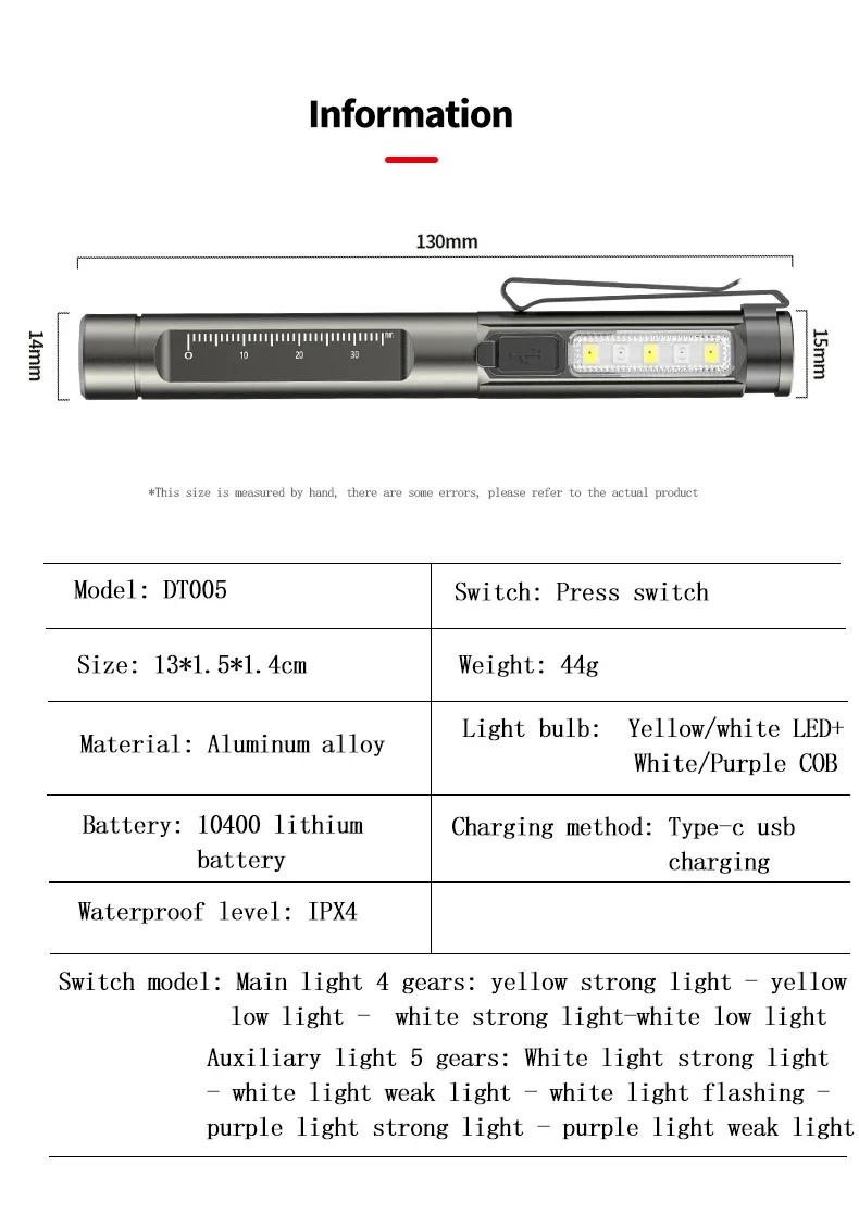 Portable White+Yellow LED Flashlight USB Rechargeable Penlight Hand Torch with Side COB Waterproof Medical Detection Clip Lamp