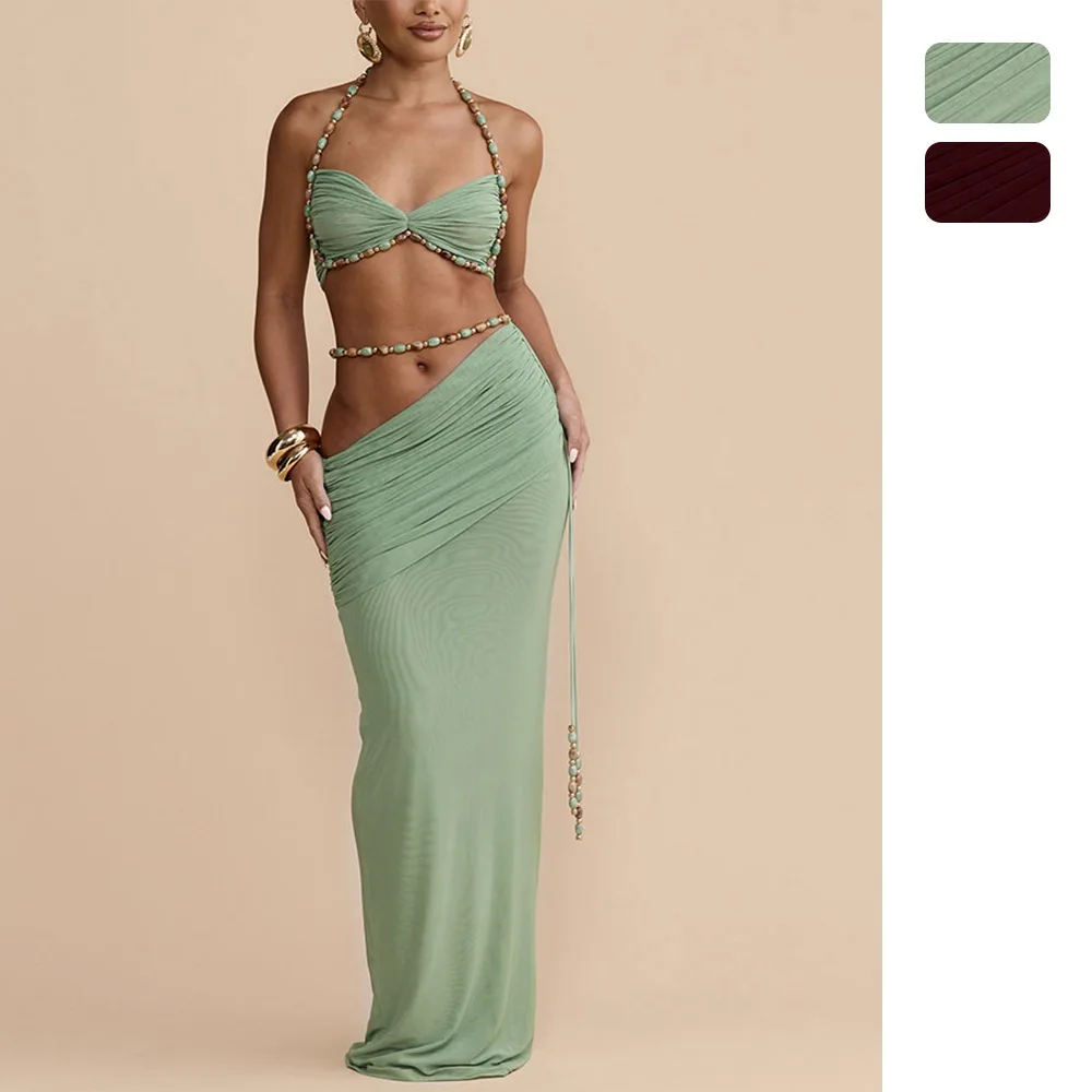 Women's Resort-style Beaded Halterneck Design, Erotogenic Backless, Sleeveless, Figure-hugging, And Hip-hugging Set 3066