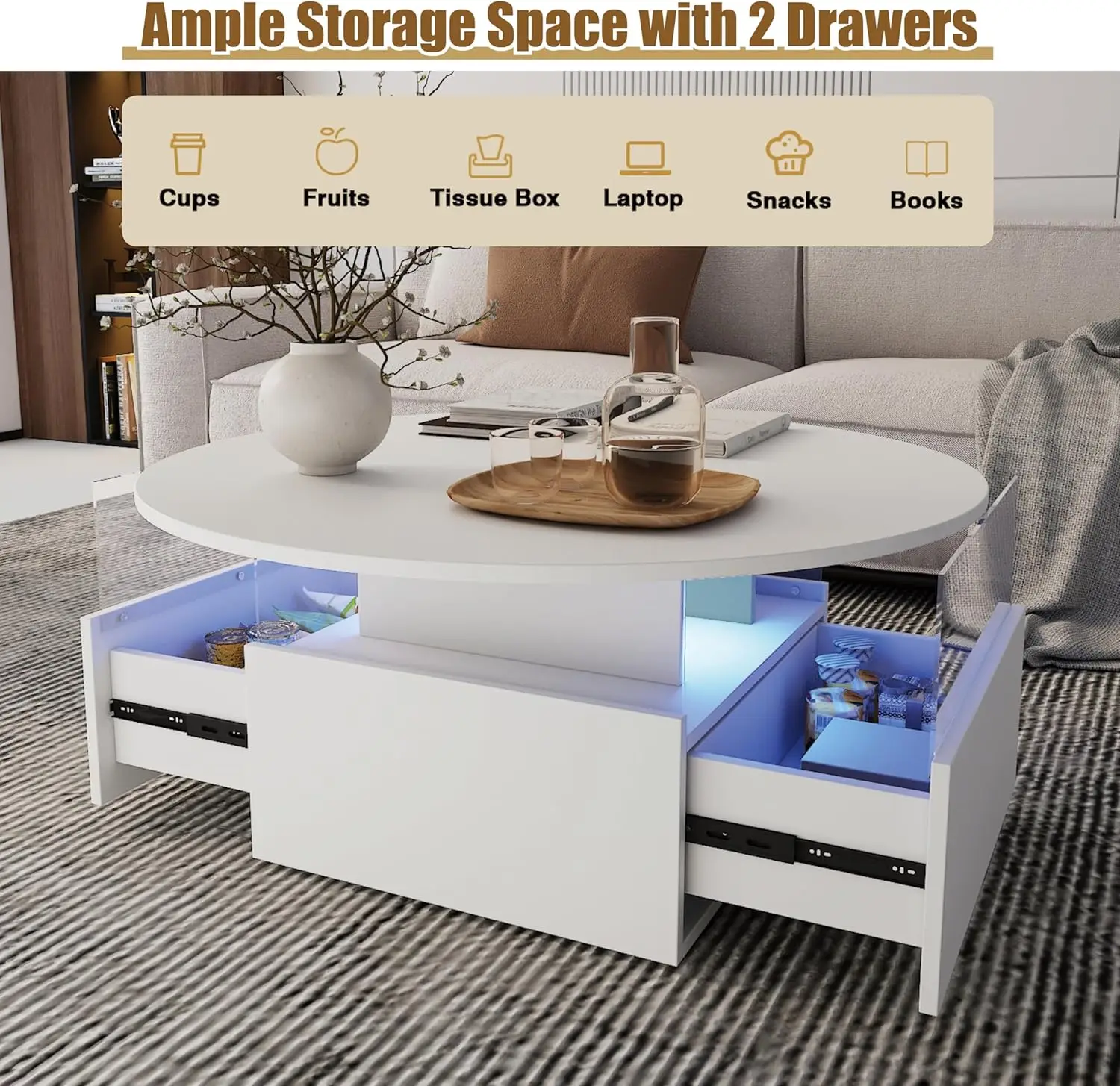 31.5" Modern LED Round Coffee Table - White Acrylic & Wood Center Table with 2 Sliding Drawers,