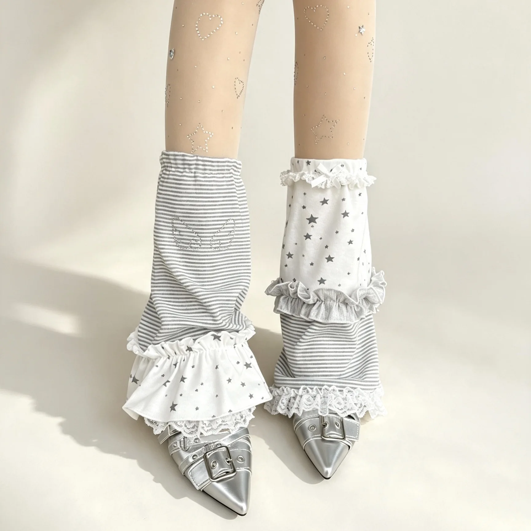 Autumn Lace Trim Stripe Spliced Leg Warmers Ins Cute Japanese Kawaii Cotton Women Leg Warmers Dating Shopping Slouch Socks