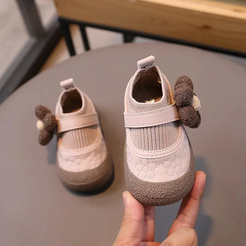 

Girls Spring Autumn Warm Velcro Princess Shoes Children Flower Single Shoes Toddler Flying Knitted Girls Non Slip Toddler Shoes
