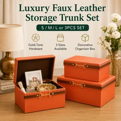 Vintage Faux Leather Storage Trunk Box Decorative Organizer with Gold Corner Accents Available in S M L or 3PCS Set
