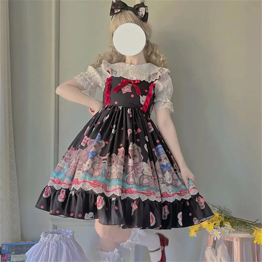 Robe Lolita petit ours mignon pour filles, impression de points ondulés, nœud papillon rouge, jolie robe de princesse d'été, cosplay éducatif, Lolita Jsk Loli