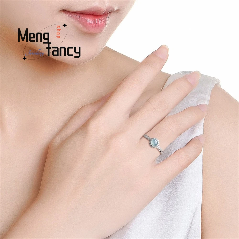 أفضل بيع S925 الفضة مطعمة الطبيعية السلع اليشم الأزرق المياه الدائري الجليد اليشم خاتم الموضة المرأة خاتم قابل للتعديل شعبية