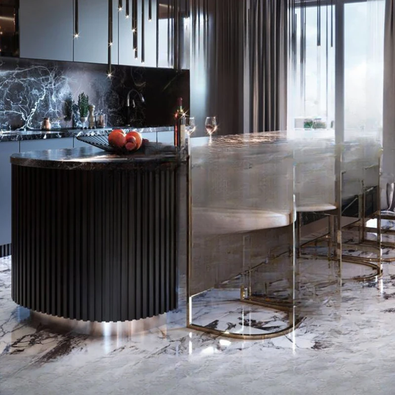 Marble kitchen mid-island bar integrated, rock slab mid-island bar, light luxury and minimalist