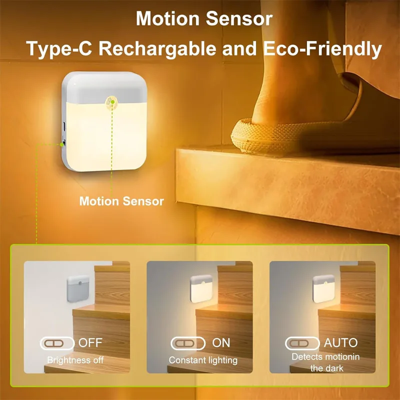 Magnetic LED Motion Sensor Night Light Portable Rechargeable Battery Cabinet Light Mini Activated Lamp for Indoor Stairs Hallway