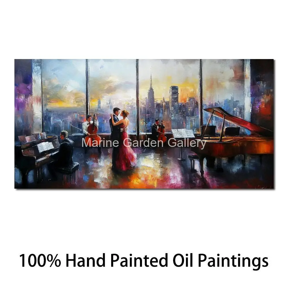 

Large Canvas Art Oil Painting Handmade Cityscape Music Room Skyline Modern Artwork for Living Room Pub Bar Wall Decor Textured