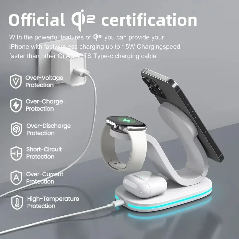 qi2 3 in 1 Magnetic Wireless Charger Dock For Magsafe iPhone 16 15 14 13 12 Apple Watch 9/8/7/6/5/4 AirPods Pro 2 Fast Charging