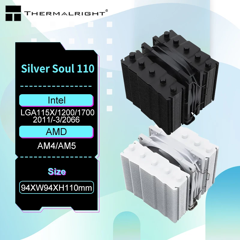 

Thermalright SS110 White/Black Silver Soul CPU cooler 110mm 5 HeatPipe tower radiator For Intel LGA115X 1700 1200 2011 AM4 AM5