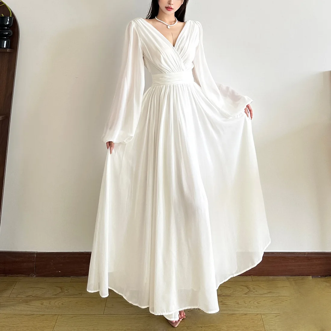 Sommer neue sexy V-ausschnitt einfarbig chiffon taille abnehmen temperament langärmelige kleid frauen