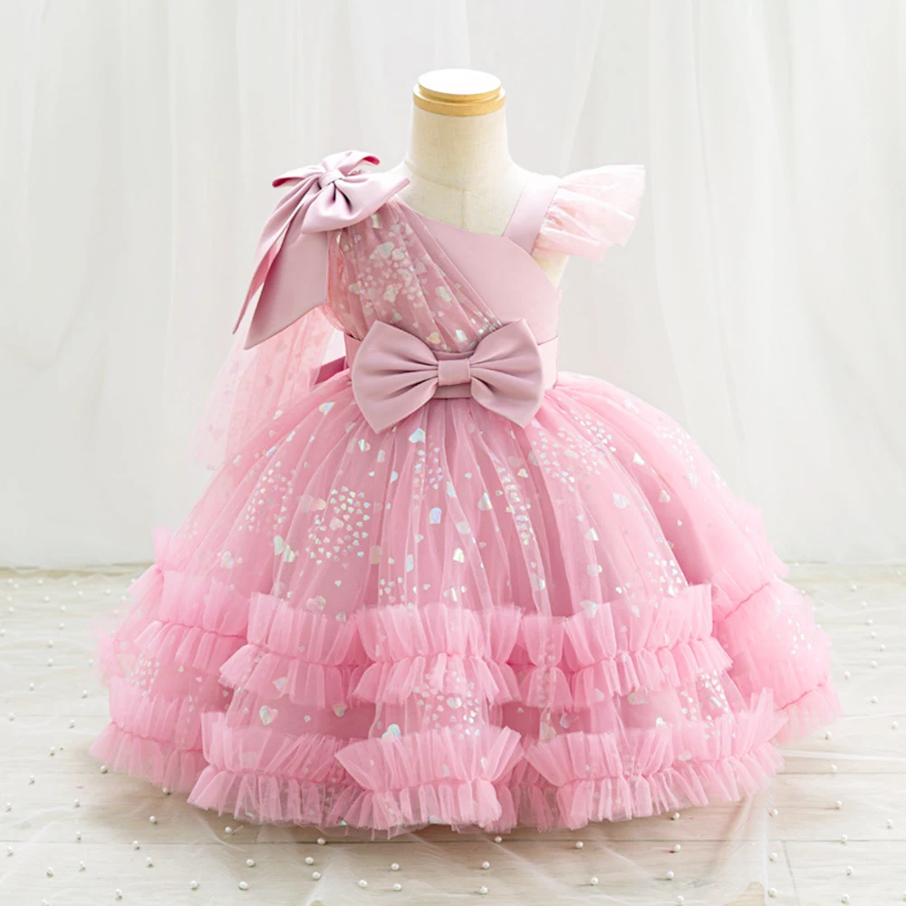 Toddler Girls Party Dress Sequins Princess Evening Mesh Gown Girls Fly Sleeves Bow 0-4Years Birthday Weddings Baby Girls Dress