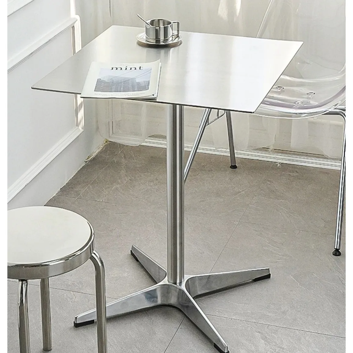 & Modern Minimalist Circular Stainless Steel Dining Table for Internet-Famous Milk Tea Shop Coffee Shop Cafeteria Restaurant