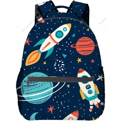 Space Rocket Backpack,Planet Star Blue Polyester Backpacks,Lightweight Double Shoulder Back Pack For Kids Teens,Adventures Bookb
