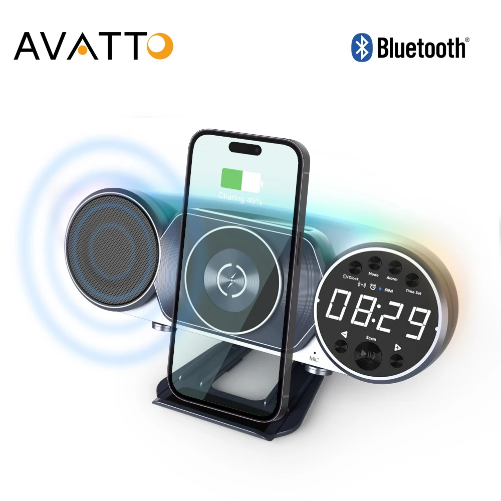 

Беспроводная/USB-зарядка AVATTO, стерео Bluetooth-динамик с диапазоном 360 градусов, часы, FM-радио со стандартным интерфейсом, Звук Hi-Fi, низкие частоты, динамик