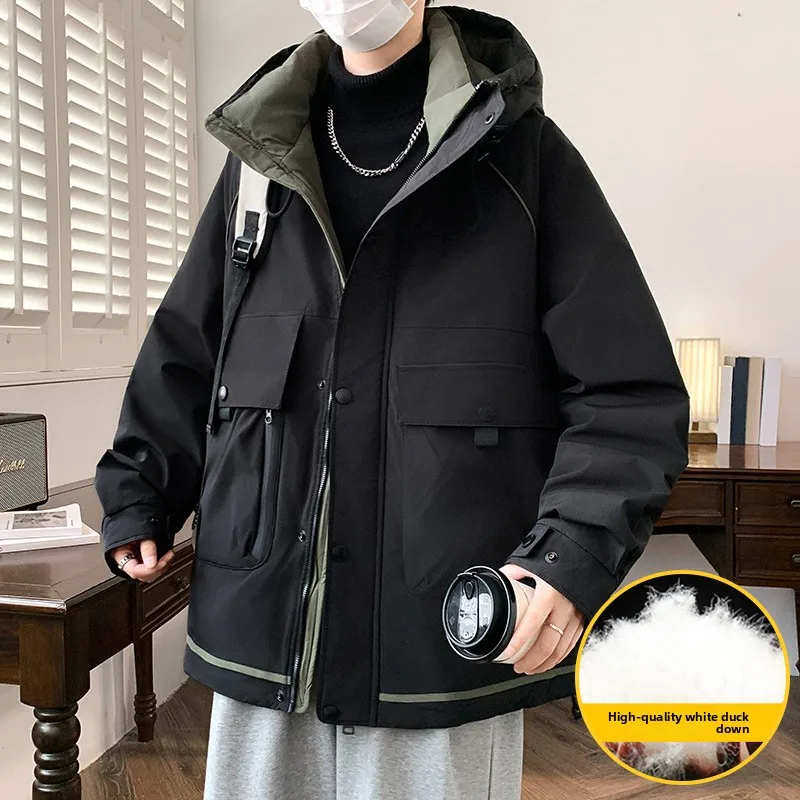 American Men's Workwear Down Jacket  Men Winter Thickened White Duck Down Jacket  Men Short Loose Solid Color Hooded Windbreaker