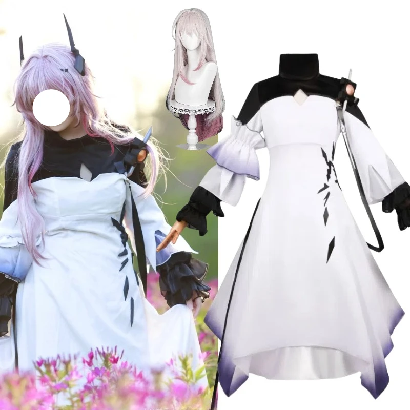

Theresa Costume Game Arknights Cosplay White Long Dress with Accessories Pink Wig Full Set for Women Halloween Theme Party
