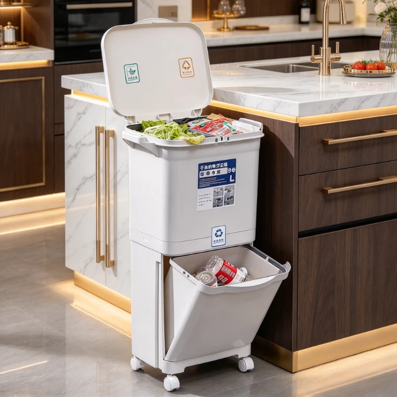 Kitchen Trash Can, Large Capacity Floor Waste Bin, Double Layer Sorting, Mobile Dry Wet Separation for Home & Kitchen Use