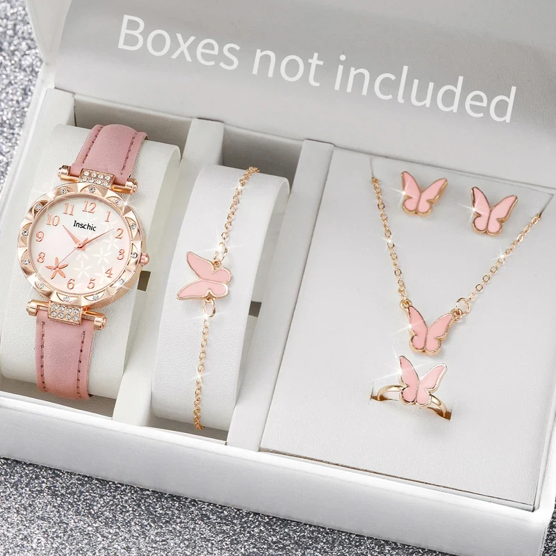Simple And Unique Watch 6-piece Women's Set Fashionable Floral Leather Strap Quartz Watch Butterfly Bracelet (Box Not Included)