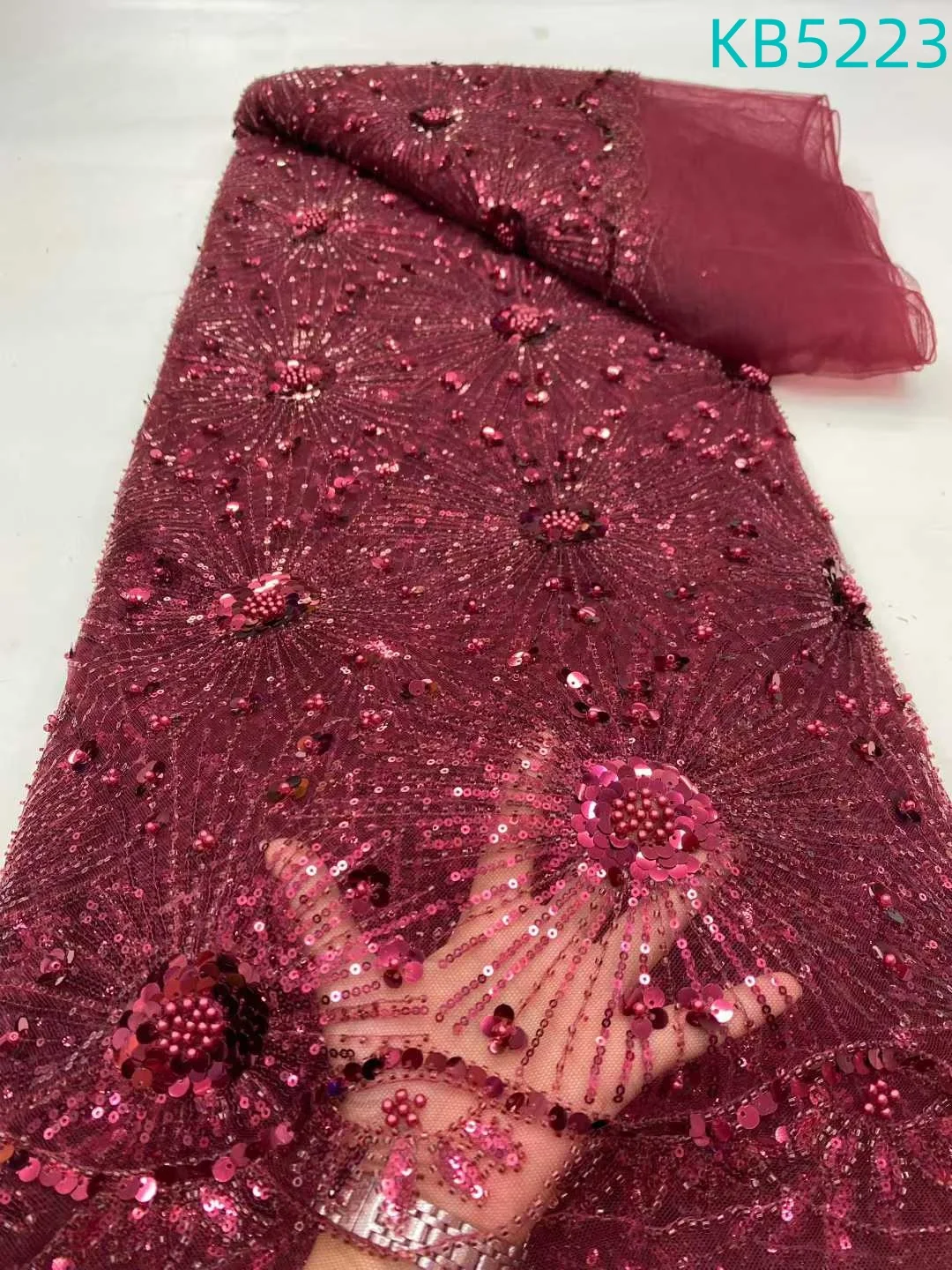 

African Lace Fabric 2025 High Quality Red French Mesh Sequins Embroidery Lace Beaded Tulle Lace Fabric For Party Dress KB5223