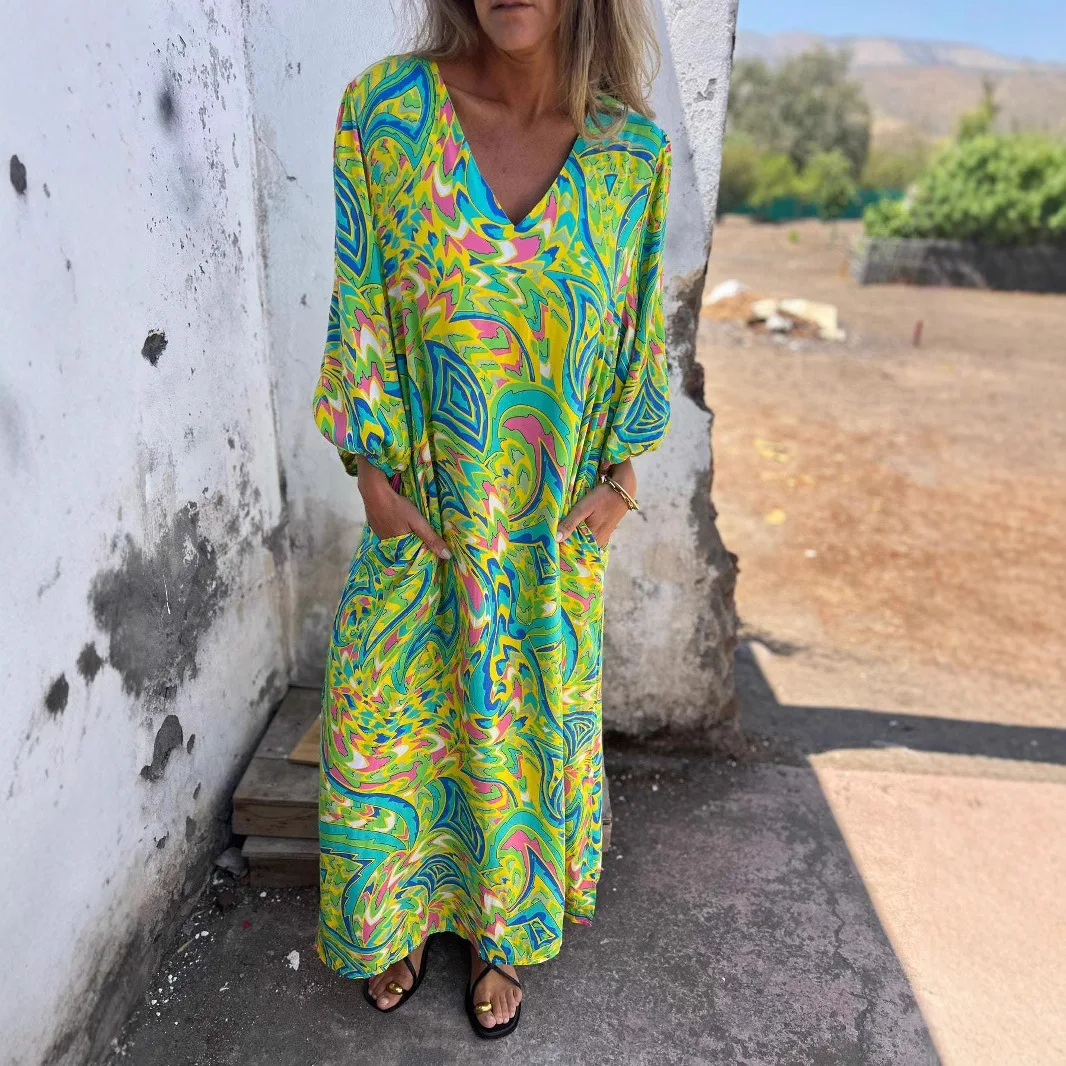 Spring Women's Long Sleeve Casual Style Polyester Material 2025 New Fashion Printed Leopard Pattern V-neck Loose Boho Robe Dress