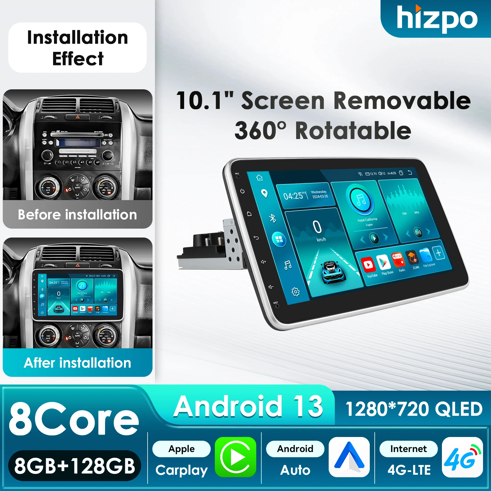 Hizpo 1Din 360Camera Car Intelligent Systems Android 14 Car Radio for Universal Carplay Multimedia Autoradio 4G-LTE AI WiFi RDS