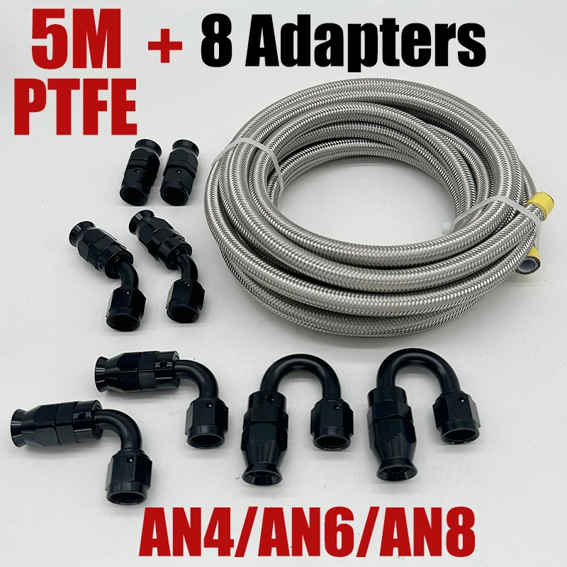 

Universal AN4 AN6 AN8 PTFE Fuel Line Kit 5m/16ft E85 Stainless Steel Braided Fuel Hose Pipe w/ 8pcs Hose End Fittings Adapters