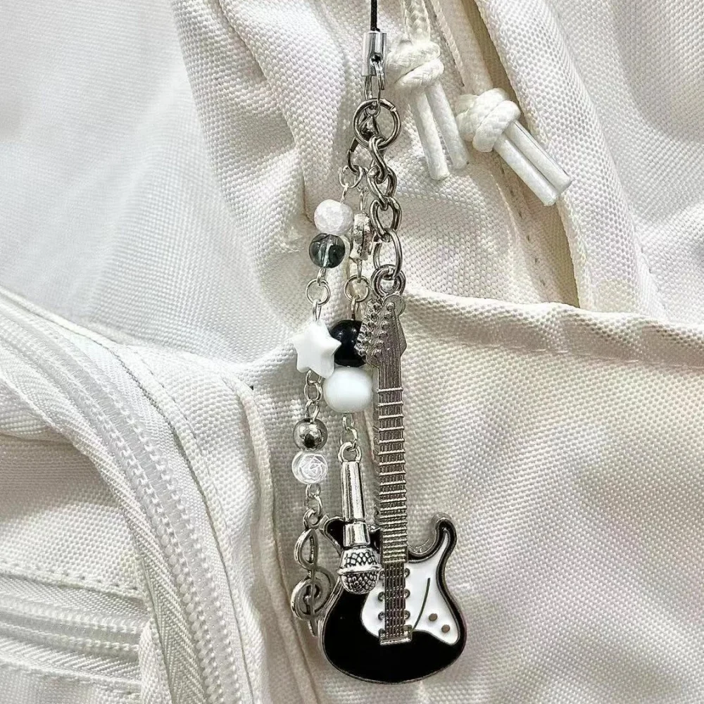 Punk Y2K Cat Guitar Shaped Keychain Bow Knot Note Bead Phone Chain Lanyard Microphone Musical Note Pendant Backpack Charms Gifts