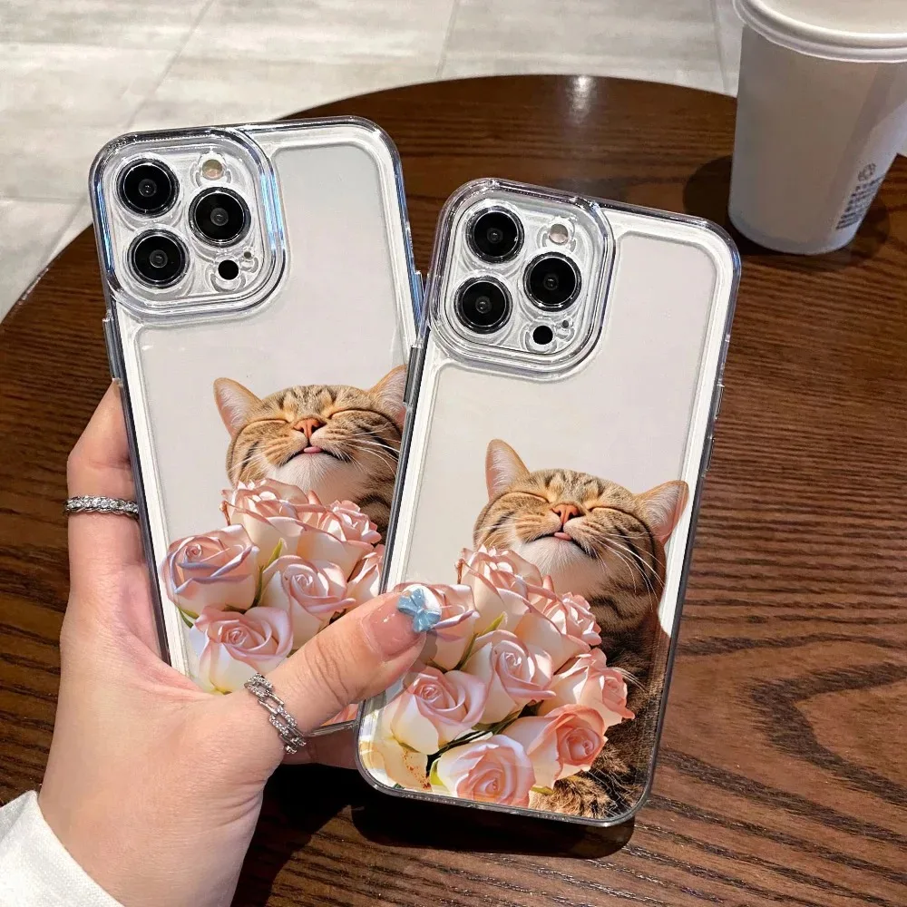 Cute Floral Cat Clear Case For Samsung A04 A05S A06 A50 A51 A52 A53 A54 A55 A56 A71 A72 A73 M53 M54 M55 5G Shockproof Cover