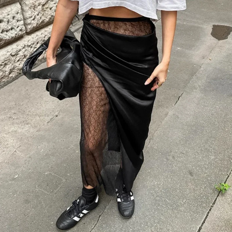 TARUXY Black Lace Splice Skirt For Women See Through Sexy Hot Girl 2025 Spring New High Waist Skirt Female Mid-Length Skirts