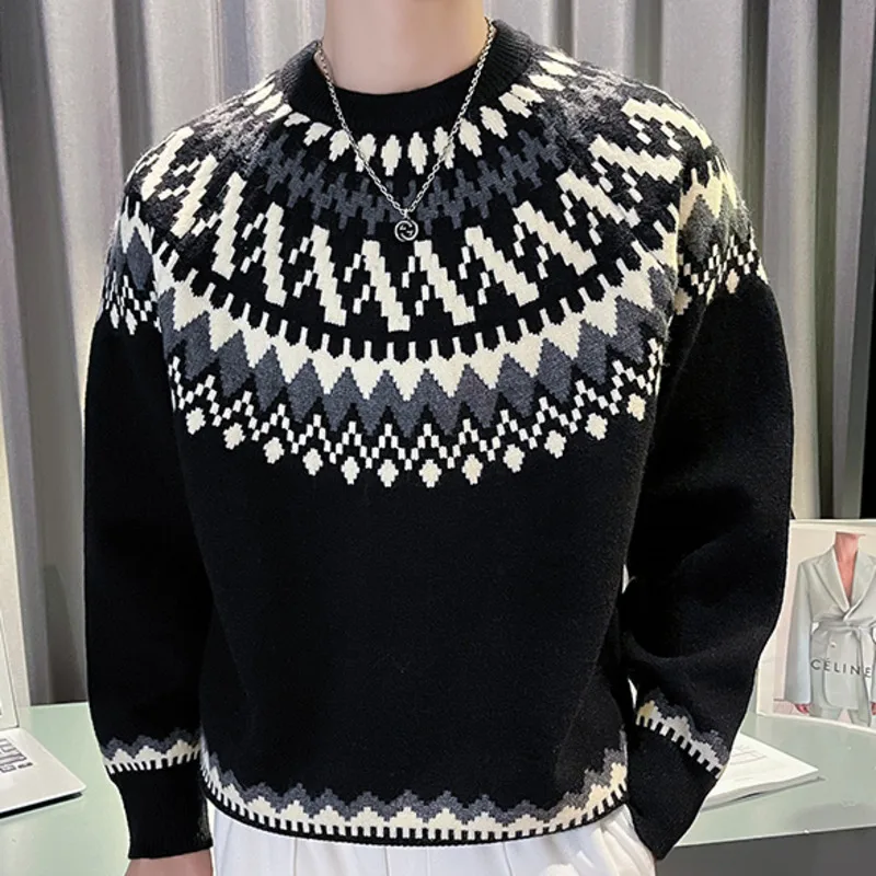 

Fall Sweater For Men Knitted Round Neck Sweater Korean Style Fashion Ethnic Print Sweater Mens Pullover Sweater Pull Hommeutu