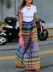 Lemongor 2024 New Stylish Checkerboard Printed Wide Leg Pants 2023 New Summer High Waist Zipper Casual Office Trousers For Women