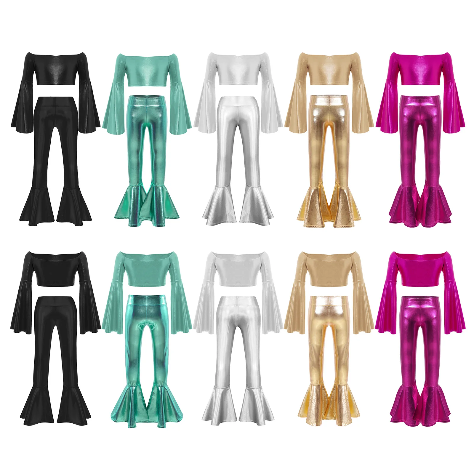 Metallic 70S Disco Vintage Hippie Costume Outfits for Kids Girl Flare Sleeve Crop Top And Bell Bottom Pants Jazz Dancewear Set