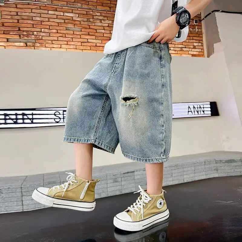 New Summer Kids Boy Blue Color Ripped Denim Shorts With Letters Children Stylish Streetwear Casual Shorts Age 2 To 11 Years Old