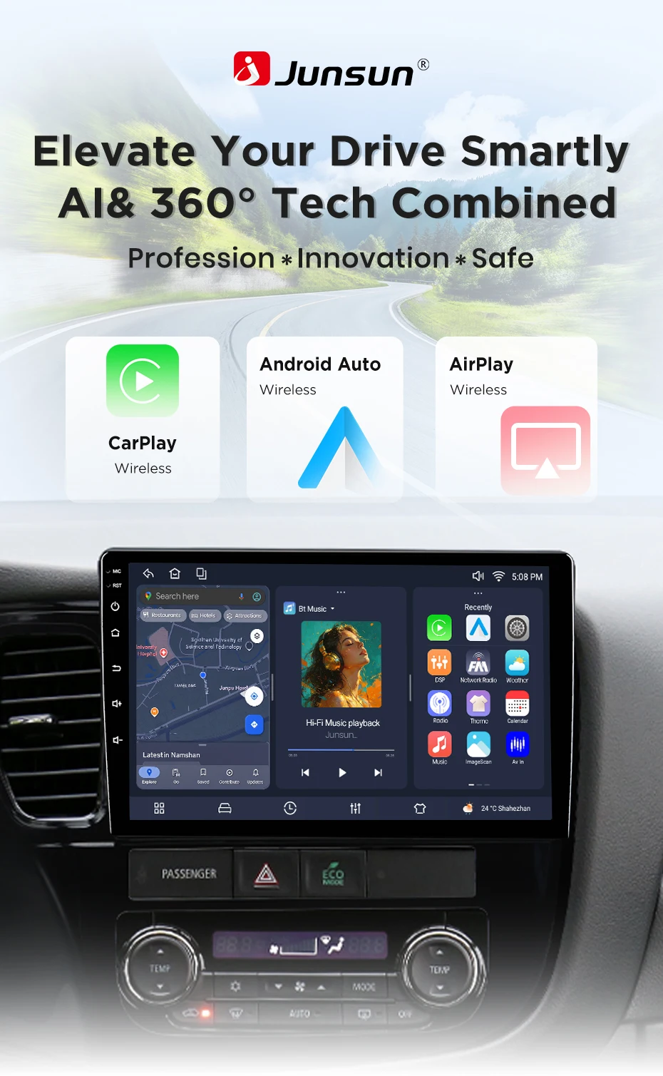 Junsun Android 15 Auto-Intelligenzsysteme für Mitsubishi Outlander 3 GF0W GG0W 2012-2018, kabelloses CarPlay für Apple Auto, 9" – Detail 3