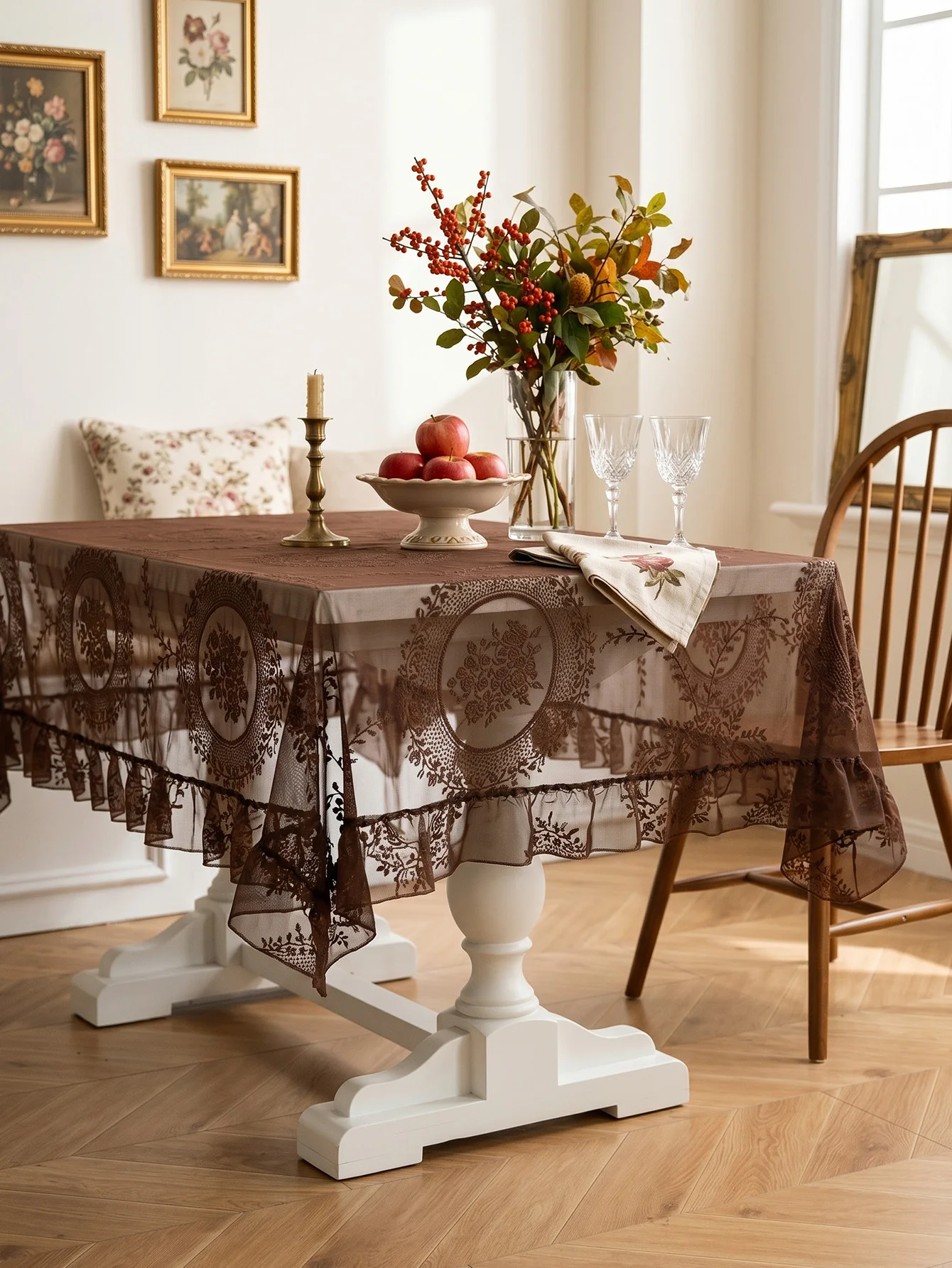 Chocolate Brown Lace Tablecloth, Vintage Embroidery Sheer Table Cover, Hollow Floral Lace Table Cloth for Dining Table Wedding P