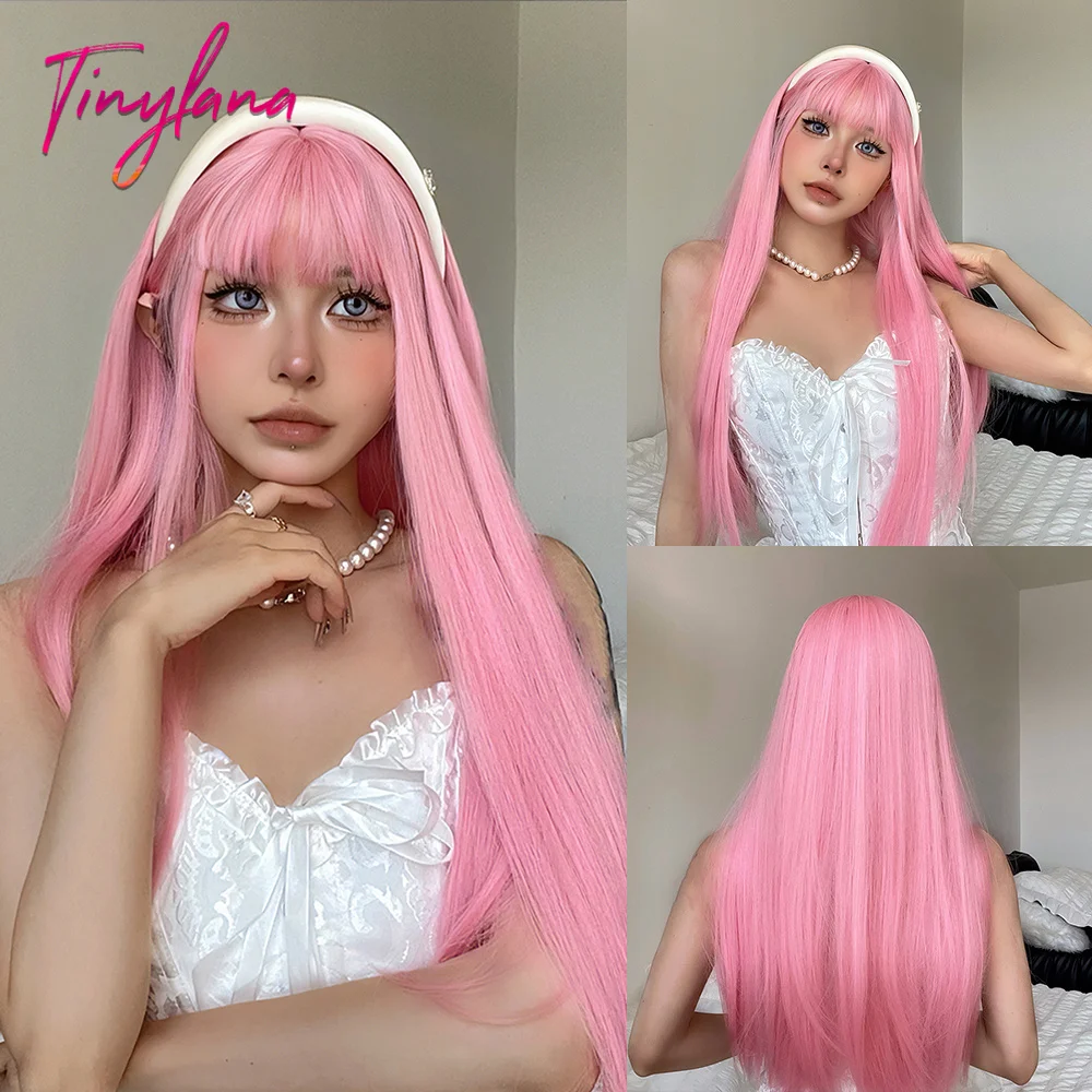 Light Pink Cosplay Long Straight Synthetic Wigs with Bangs Halloween Lolita Colorful Wig for Women Afro Natural Heat Resistant