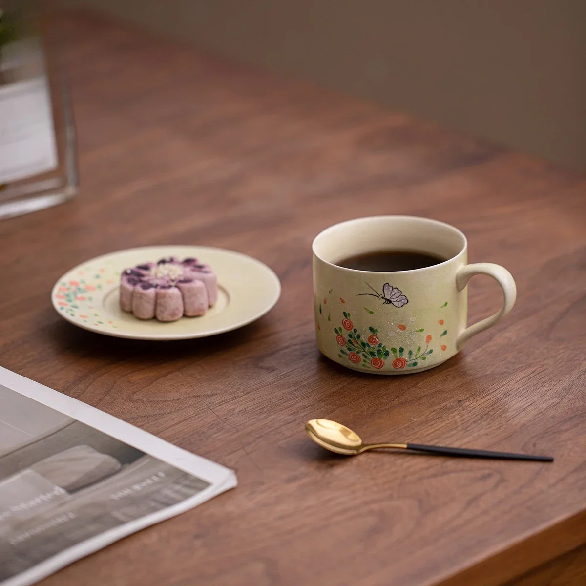 Pink Lead Hand-painted Herb Butterfly Coffee Cup Set Teacup Bottom Support Office Ladies Drinking TeaCup Coffeeware Teaware Gift
